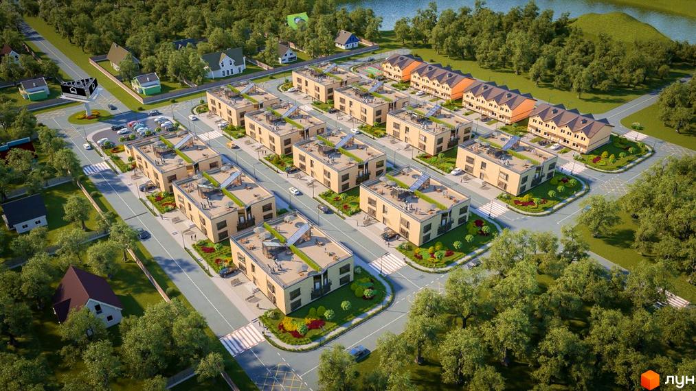 Житловий комплекс Європейський квартал: сучасні будинки з сонячними панелями та доглянутою прибудинковою територією. Комплекс розташований біля озера серед зелених насаджень.