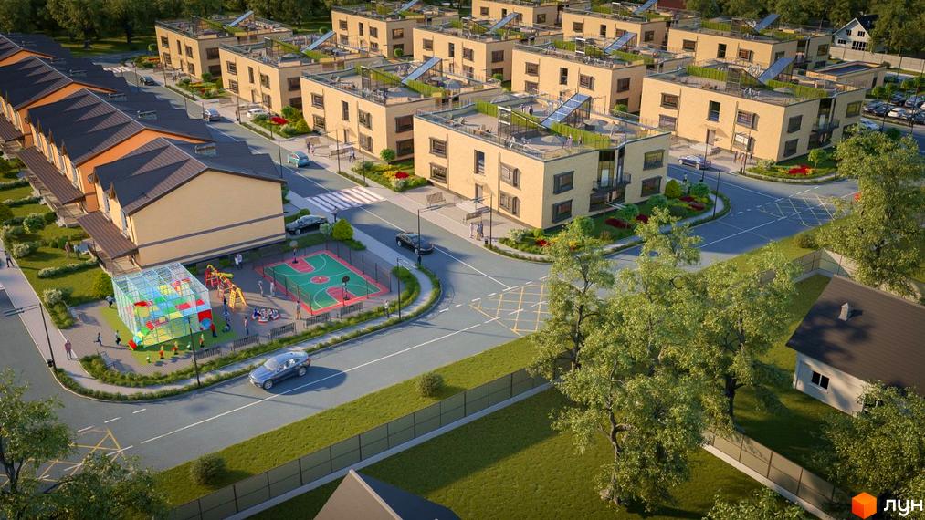 Житловий комплекс Європейський квартал: сучасні будинки з зеленими дахами та дитячим майданчиком. Затишна прибудинкова територія з баскетбольним полем та зонами відпочинку.