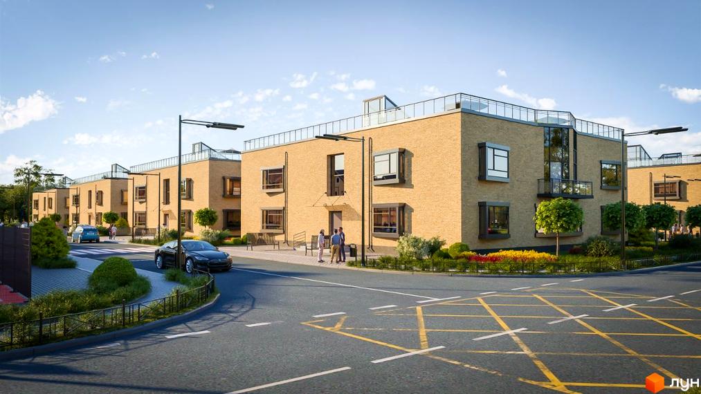 Зовнішній вигляд новобудови ЖК Європейський квартал з цегляним фасадом та скляними елементами. Прибудинкова територія з зеленими насадженнями та автомобілями.
