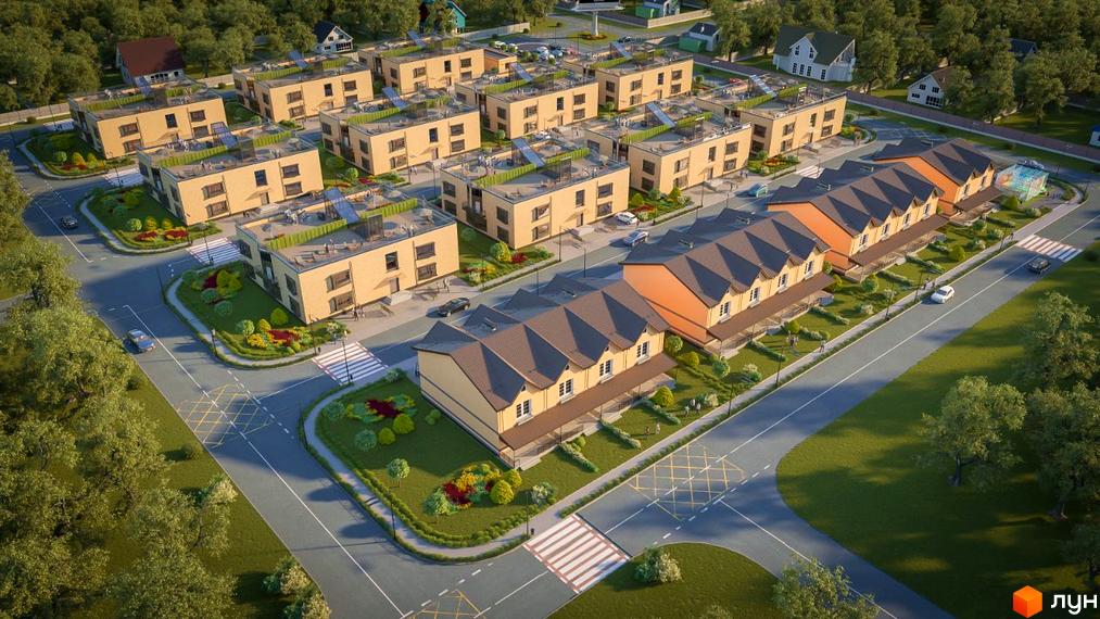 Житловий комплекс Європейський квартал складається з двоповерхових таунхаусів та багатоквартирних будинків світлого кольору з доглянутою територією.