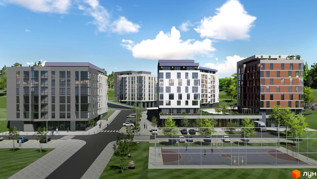 Зображення Житлового комплексу Grand Park з декількох будинків та спортивного майданчика. Навколо новобудови зелені насадження.