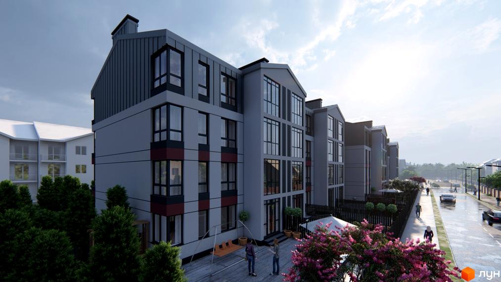 Зовнішній вигляд новобудови ЖК Вілла Севілья з великими вікнами та сірими фасадами, поруч зелені насадження та зона відпочинку з гойдалкою.