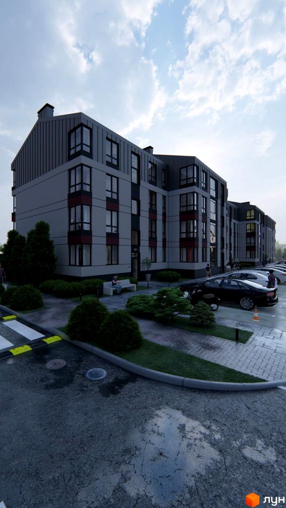 Житловий комплекс Вілла Севілья. Будівля з сірими та бордовими елементами фасаду, панорамними вікнами та прибудинковою територією з парковкою та зеленими насадженнями.