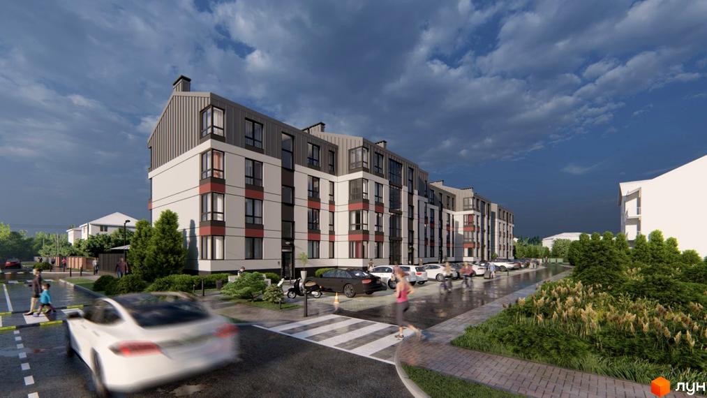 Зовнішній вигляд житлового комплексу Вілла Севілья з парковкою та пішохідним переходом. Навколо комплексу зелені насадження та дерева.