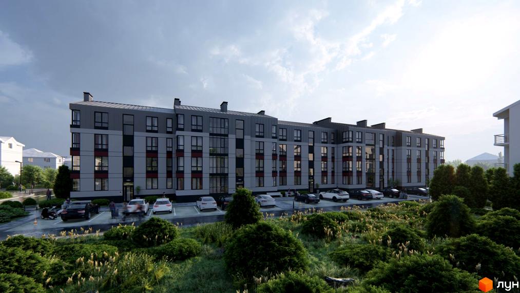 Зовнішній вигляд новобудови ЖК Вілла Севілья з парковкою та зеленою зоною. Сучасний житловий комплекс з багатою прибудинковою територією.