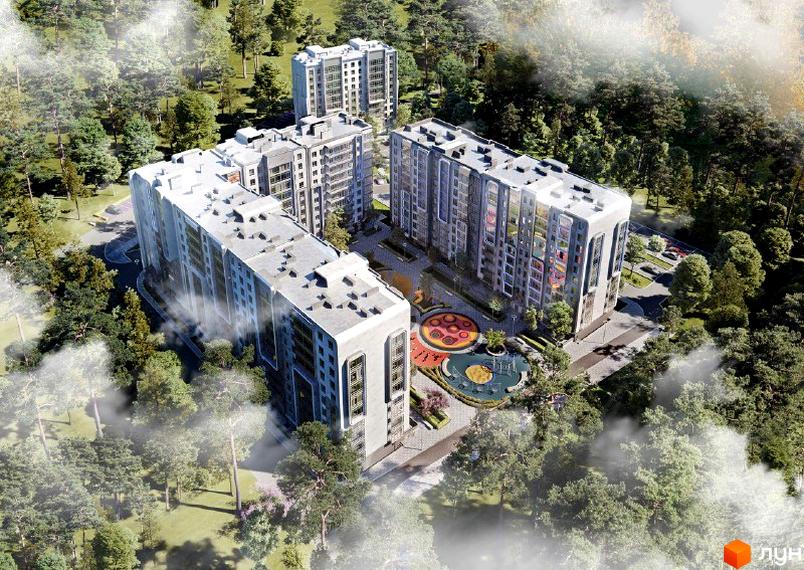 Новобудова R2 Residence: багатоповерхові будинки світлих відтінків серед лісу, з облаштованим двором та дитячими майданчиками.