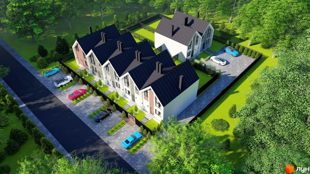 Зображення Котеджного містечка Villa Gatne з виглядом на таунхауси з чорними дахами та припаркованими автомобілями.