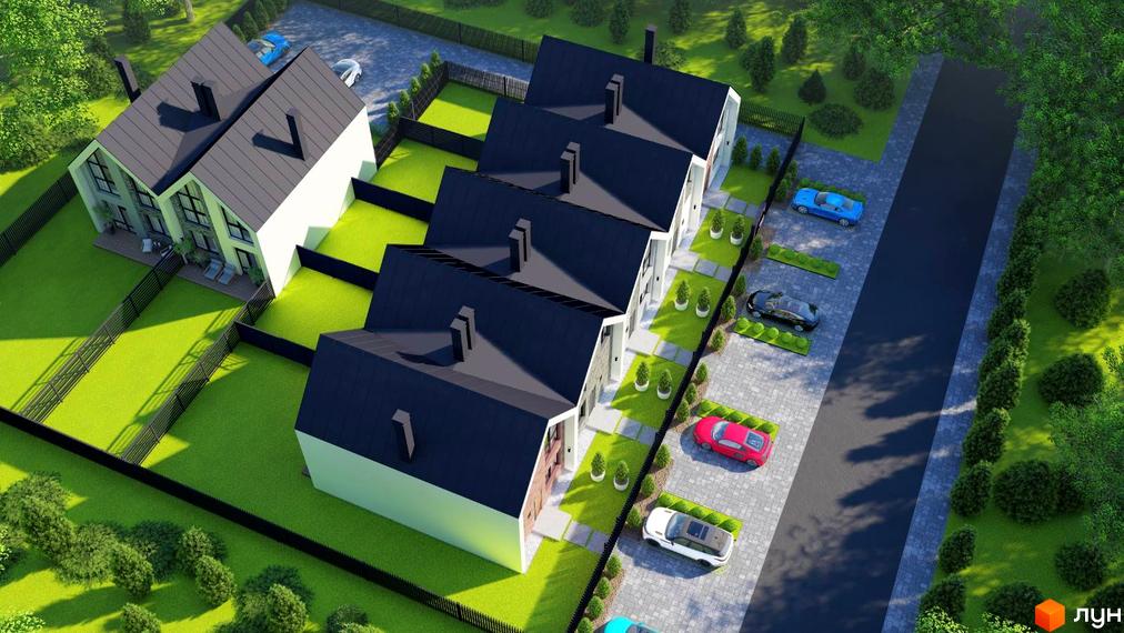 Візуалізація Котеджного містечка Villa Gatne з будинками з чорними дахами та зеленою прибудинковою територією.