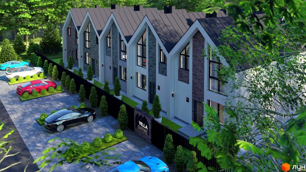 Зображення Котеджного містечка Villa Gatne: ряд будинків з сірими дахами та оздобленими фасадами. На передньому плані припарковані автомобілі.