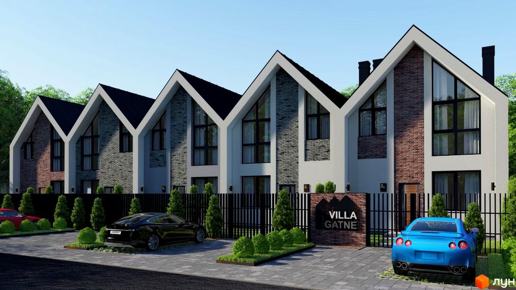 Зображення Котеджного містечка Villa Gatne з фасадом з цегли та великими вікнами. Перед будинком припарковані автомобілі.