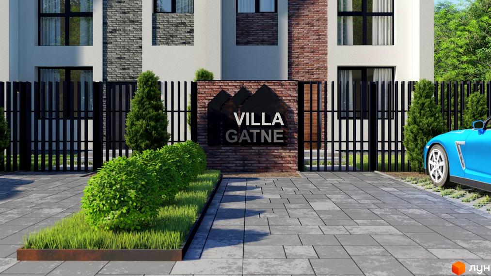 Зображення фасаду Котеджного містечка Villa Gatne з прибудинковою територією та ландшафтним дизайном.