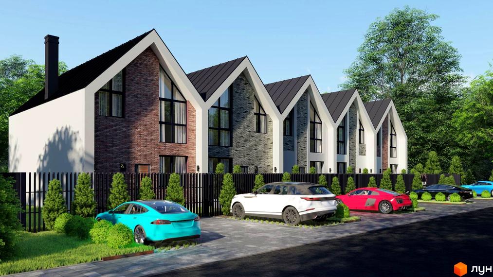 Зображення Котеджного містечка Villa Gatne з будинками з різним оздобленням фасаду та припаркованими автомобілями.