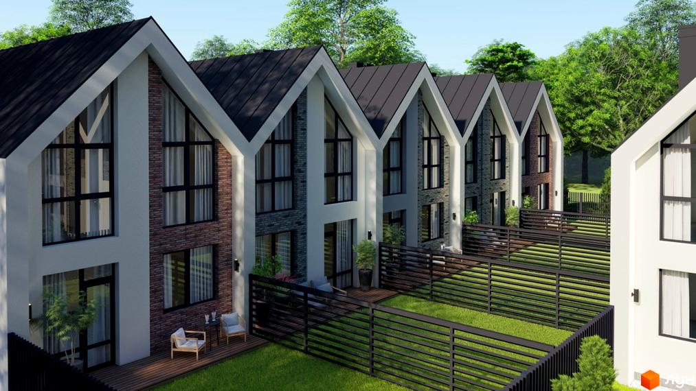 Зображення Котеджного містечка Villa Gatne: ряд двоповерхових будинків з чорними дахами та великими вікнами, огороджених чорним парканом.