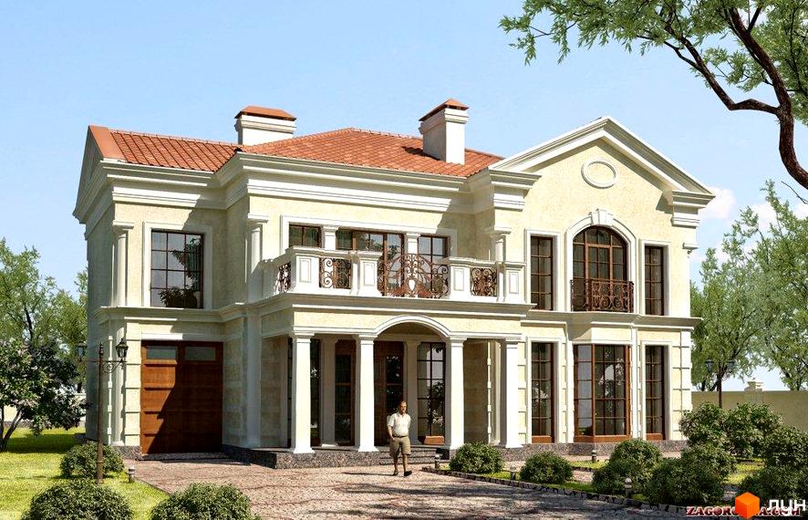 Двоповерховий будинок з терасою та колонами. На території перед будинком висаджені кущі та дерева.