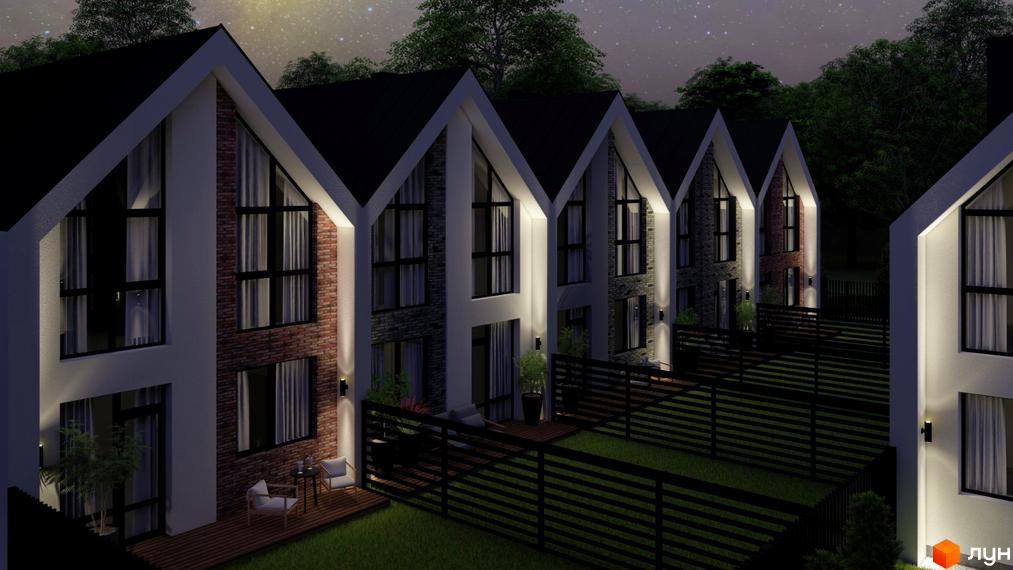 Зображення Котеджного містечка Villa Gatne вночі: ряд будинків з темними дахами та великими вікнами, перед будинками газон та огорожа.