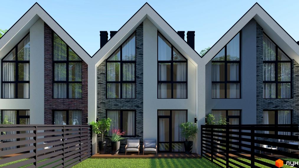 Зовнішній вигляд Котеджного містечка Villa Gatne з великими вікнами та оздобленням фасаду з цегли. На передньому плані газон та огорожа.