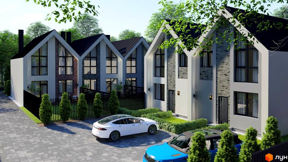 Зображення будинків Котеджного містечка Villa Gatne. На фото видно фасади будинків та прибудинкову територію з автомобілями.