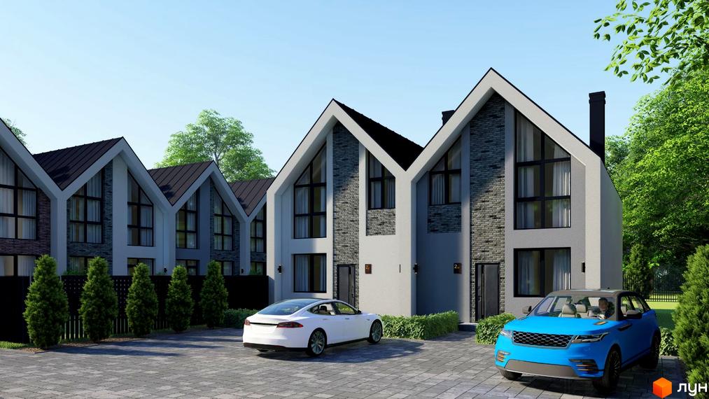 Зображення Котеджного містечка Villa Gatne: двоповерхові будинки з сірими фасадами та панорамними вікнами. На передньому плані автомобілі та бруківка.