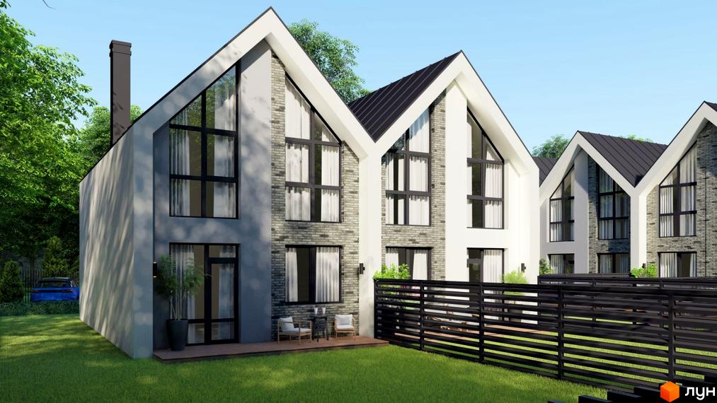 Зображення Котеджного містечка Villa Gatne. Двоповерхові будинки з великими вікнами та чорною огорожею на зеленій галявині.