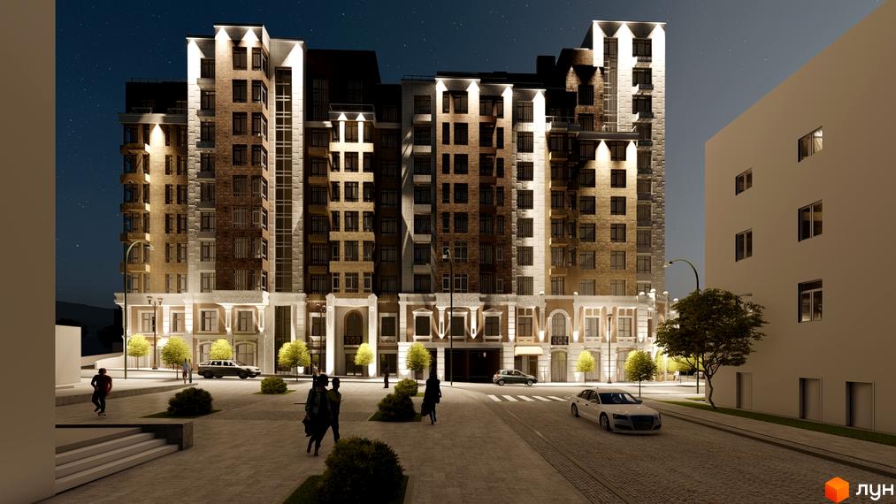 Висотна будівля ЖК Dynastia BC з фасадом з цегли та світлодіодним підсвічуванням. На території комплексу є пішохідна зона з деревами та автомобілі.