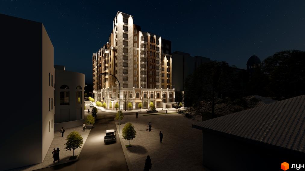 Висотна будівля ЖК Dynastia BC вночі з підсвіткою фасадів. На території є пішоходи, дерева та припарковані автомобілі.