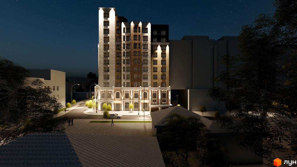 Висотна будівля ЖК Dynastia BC з підсвічуванням вночі. Навколо будинку розташована дорога, дерева та інші будівлі.