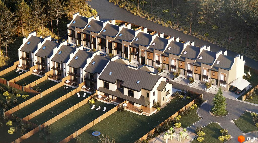 Котеджне містечко Джерело: загальний вигляд на забудову з котеджів та таунхаусів з темними дахами. Прилегла територія має доріжки, газони та дитячий майданчик.