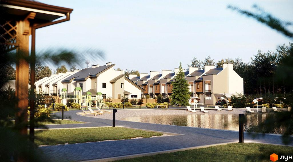 Зображення Котеджного містечка Джерело. Будинки з сірими дахами та світлими фасадами, дитячий майданчик та пляжна зона з лежаками.