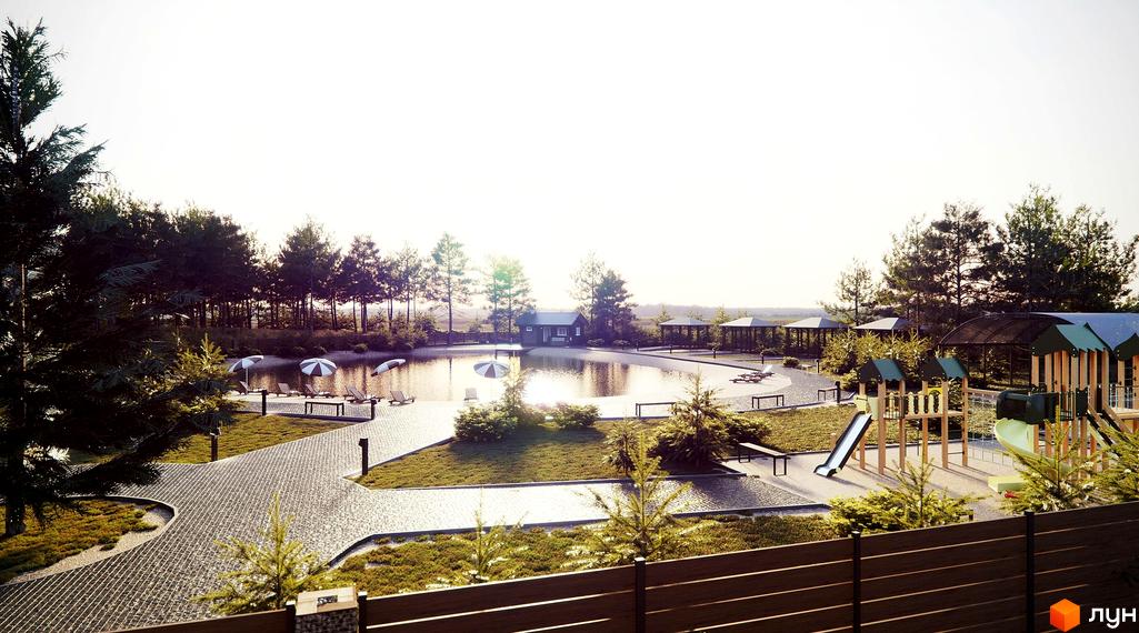 Котеджне містечко Джерело: дерев'яний будинок біля водойми. Прибудинкова територія має дитячий майданчик, альтанки та зони відпочинку.