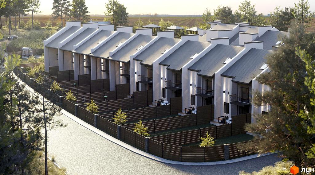 Зображення Котеджного містечка Джерело з таунхаусами. Двоповерхові будинки з сірими дахами та невеликими балконами, огороджені дерев'яним парканом.