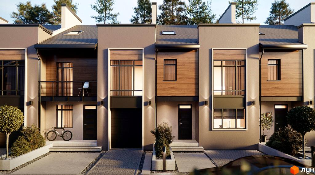 Зображення фасаду та прибудинкової території Котеджного містечка Джерело. Триповерхові будинки з дерев'яним оздобленням та гаражами.