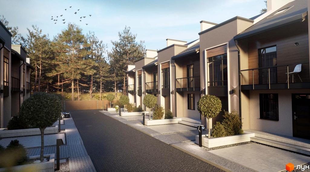 Зображення Котеджне містечко Джерело. Вигляд таунхаусів з балконами, перед будинками висаджені декоративні дерева та кущі.