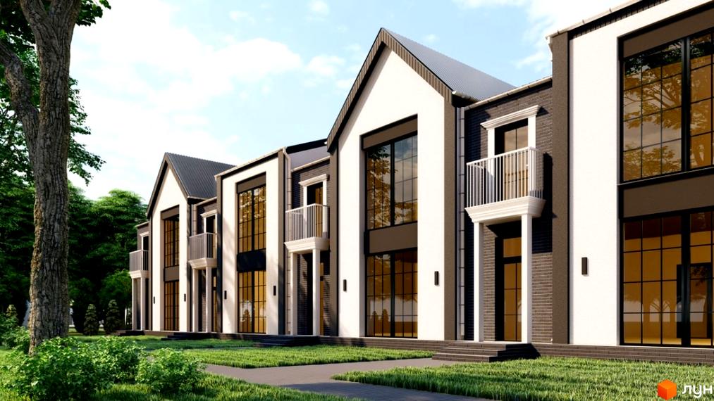 Зображення житлового комплексу таунхаусів. Будинки мають білі фасади з великими вікнами та чорними акцентами. Перед будинками газон та доріжки.