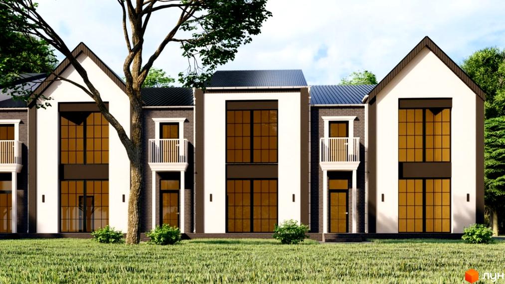 Зображення фасаду таунхаусів в П'ятихатках. Білі стіни з великими вікнами, чорний дах та зелена прибудинкова територія.