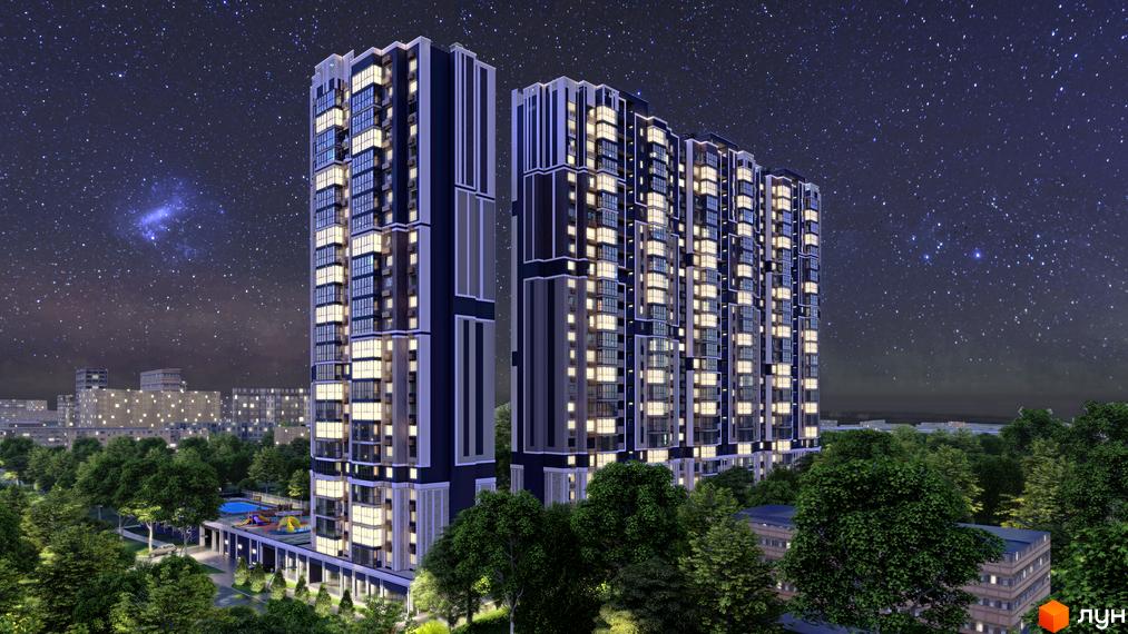 Житловий комплекс Голосіївський з підсвіченими вікнами на тлі зоряного неба. Поруч розташований дитячий майданчик та зелені насадження.