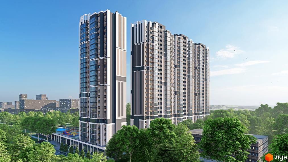 Житловий комплекс Голосіївський – це двосекційна новобудова з панорамним склінням та балконами, розташована серед зеленої зони з дитячим майданчиком.