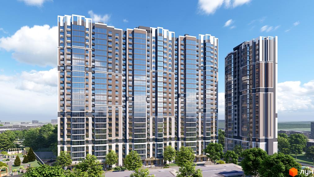 Зовнішній вигляд новобудови ЖК Голосіївський з скляними фасадами та цегляними вставками. Навколо зелені дерева та облаштована прибудинкова територія.