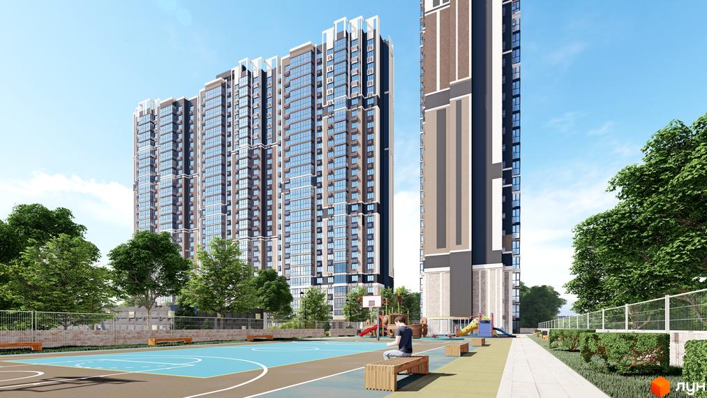 Житловий комплекс Голосіївський з баскетбольним майданчиком та дитячим майданчиком. Високі будинки з панорамними вікнами та зеленою зоною біля будинку.