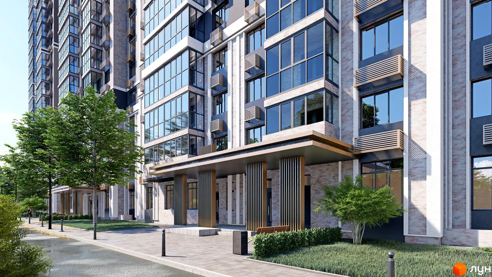Зовнішній вигляд новобудови ЖК Голосіївський з великими вікнами та цегляним фасадом. Прибудинкова територія з деревами та бруківкою.