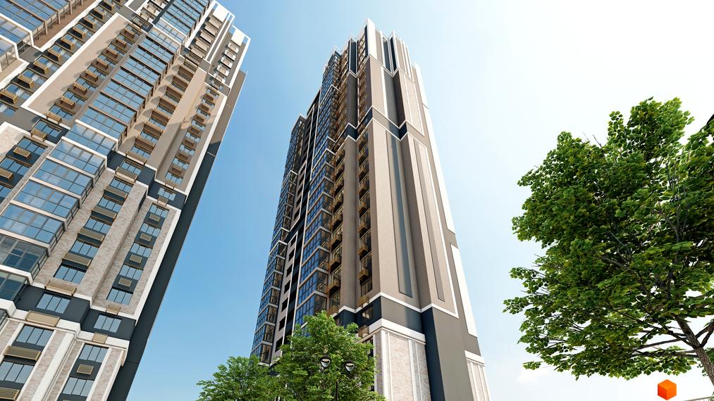 Житловий комплекс Голосіївський – висотні будівлі з панорамними вікнами та балконами, оточені зеленню дерев.