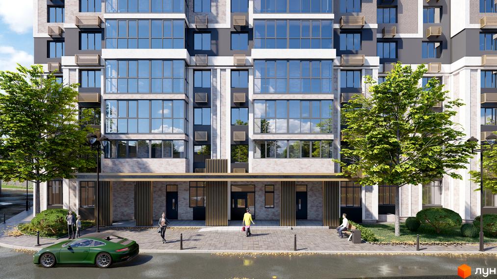 Фасад житлового комплексу Голосіївський з великими вікнами та зеленими деревами. Біля будинку розташована прибудинкова територія з лавками та пішохідною зоною.