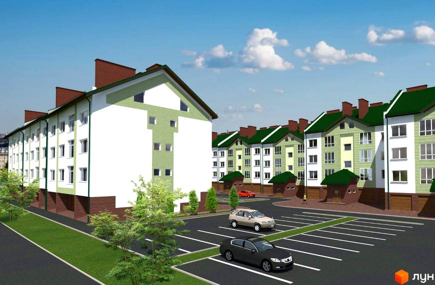 Зображення сторінки Житлового комплексу по вул. Проектована-Тролейбусна, 5. На фото багатоповерхові будинки та парковка для автомобілів.