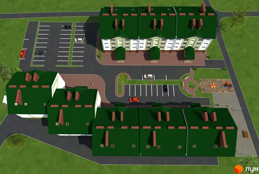 Вигляд зверху на будинки Житлового комплексу по вул. Проектована-Тролейбусна, 5. На території є парковка, дитячий майданчик та зелені зони.