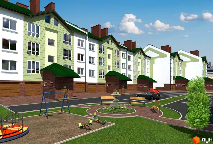 Зображення сторінки Житлового комплексу по вулиці Проектована-Тролейбусна, 5. Багатоповерхові будинки з дитячим майданчиком та парковкою.