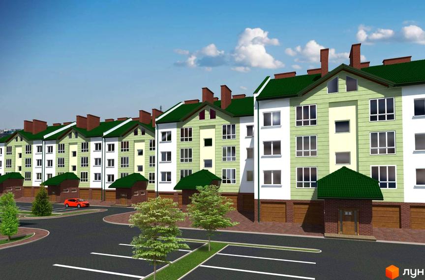 Зображення фасаду будинку Житлового комплексу на вулиці Проектована-Тролейбусна, 5. На передньому плані прибудинкова територія з паркінгом.