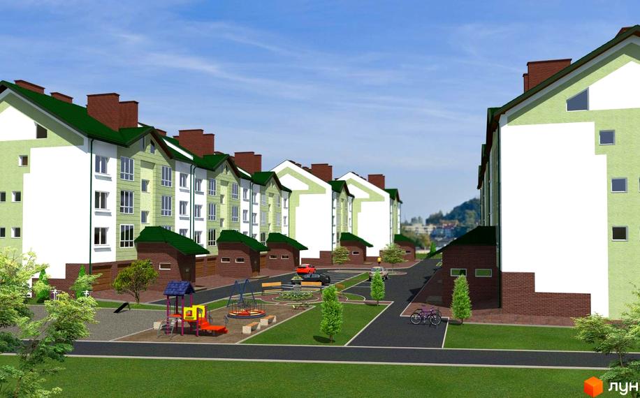 Зображення Житлового району на вулиці Проектована-Тролейбусна, 5. На фото видно фасади будинків та дитячий майданчик.