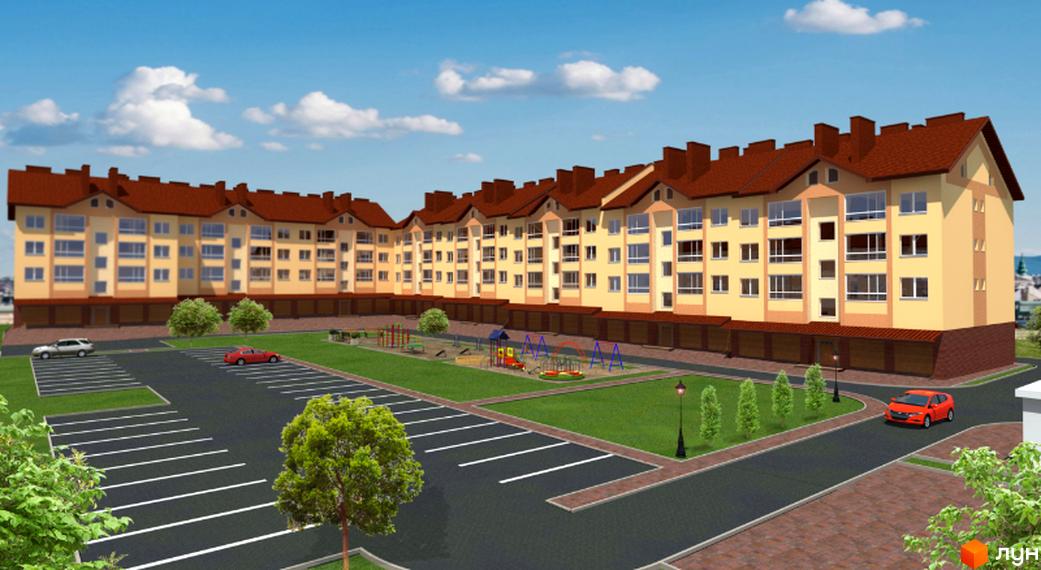 Зображення житлового комплексу на вулиці Проектована-Тролейбусна, 4. Багатоповерховий будинок з парковкою, дитячим майданчиком та озелененням.