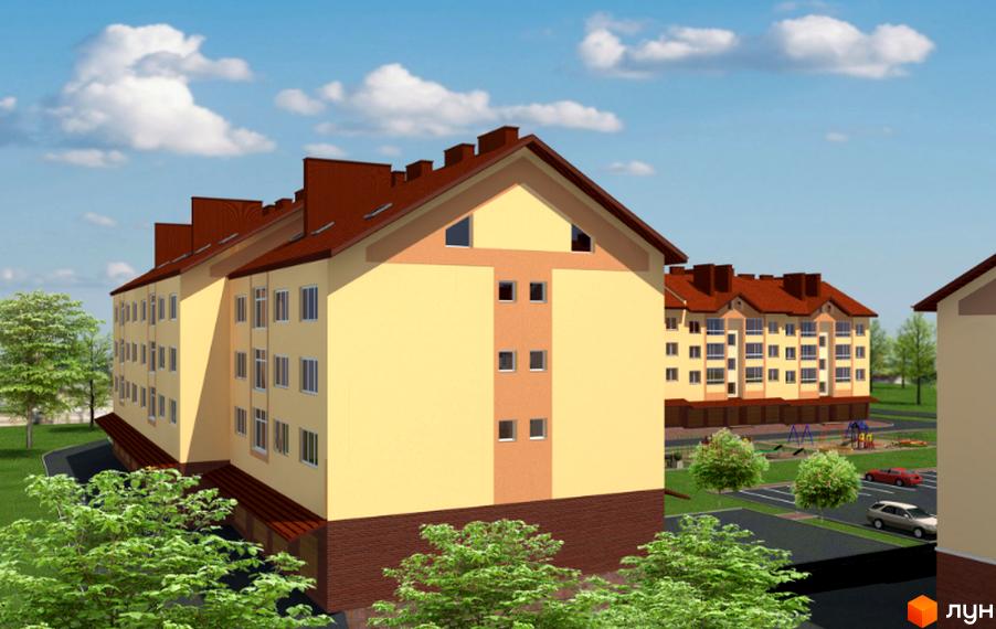 Зображення фасаду та прибудинкової території Житлового комплексу по вул. Проектована-Тролейбусна, 4. На задньому плані дитячий майданчик та парковка.