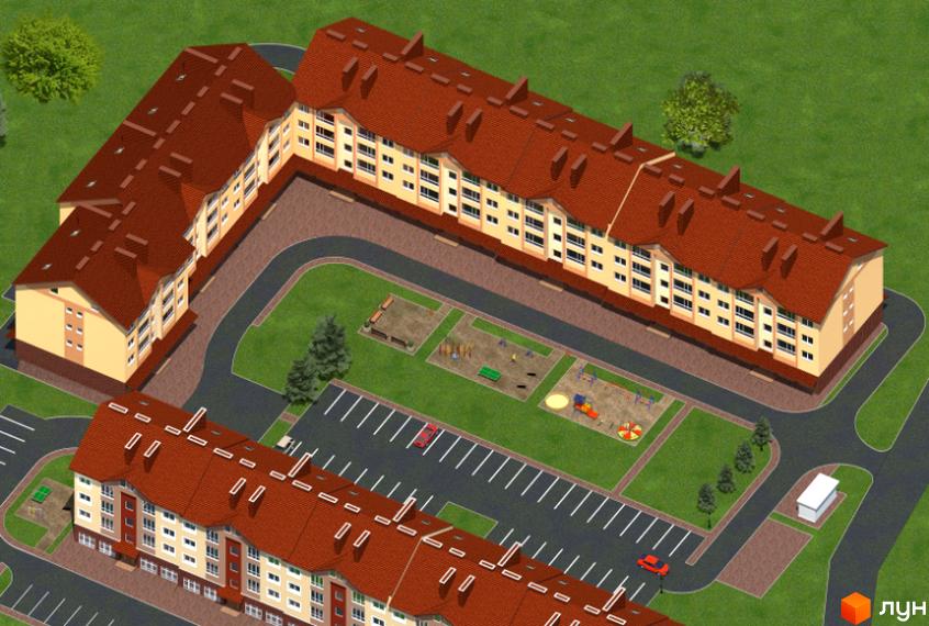 Зображення житлового комплексу з червоними дахами та світлими стінами. На території є дитячий майданчик, парковка та зелені насадження.