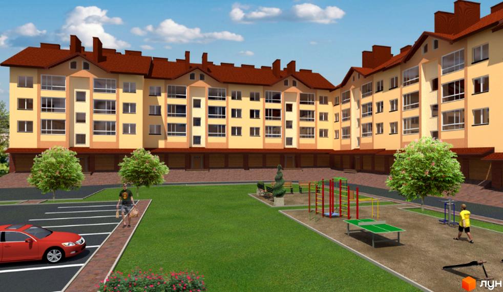 Зображення житлового комплексу по вулиці Проектована-Тролейбусна, 4. На фото будівля з червоним дахом та зелена прибудинкова територія.